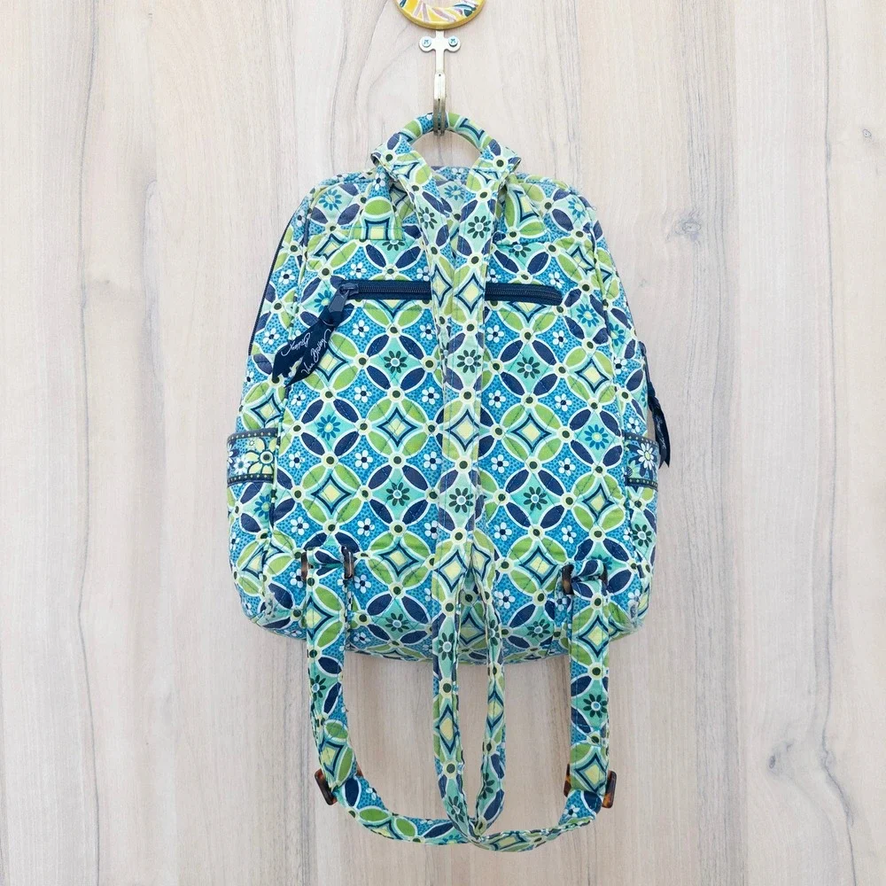 Vera Bradley Daisy Daisy Quilted Backpack Blue Green Geometric Floral Boho Artsy
